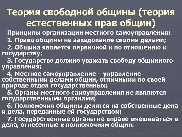  Теория свободной общины (теория естественных прав общин) Принципы организации местного самоуправления: 1. Право