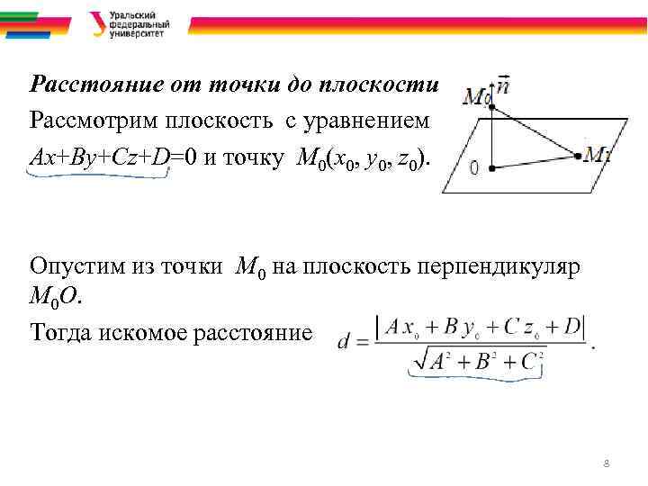 Расстояние от точки до плоскости Рассмотрим плоскость с уравнением Ax+By+Cz+D=0 и точку М 0(x