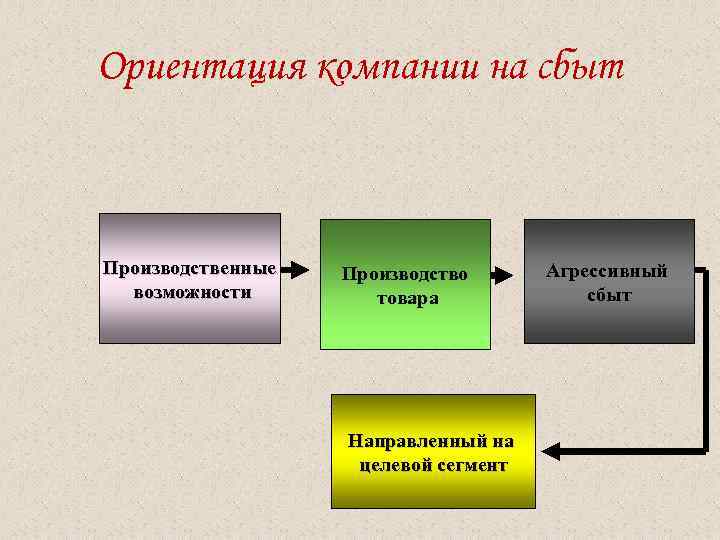 Ориентация компании на сбыт Производственные Производство Агрессивный возможности товара сбыт Направленный на целевой сегмент