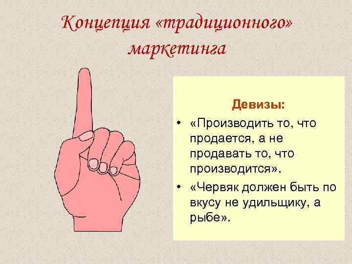 Концепция «традиционного» маркетинга Девизы: • «Производить то, что продается, а не продавать то, что