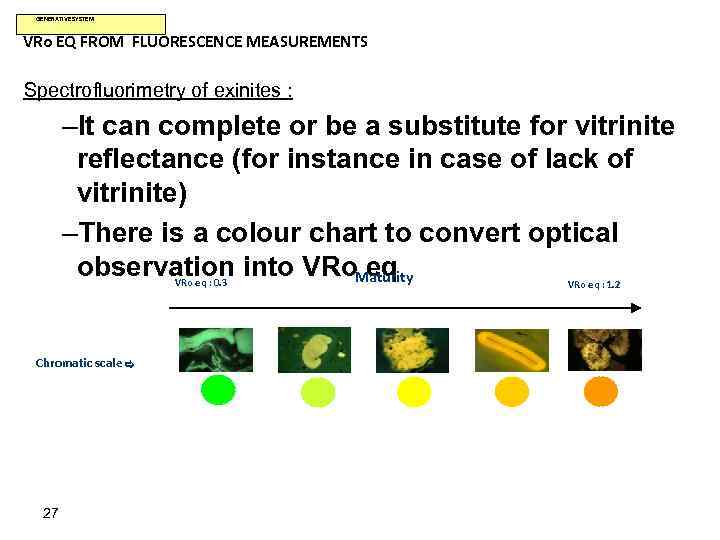  GENERATIVE SYSTEM VRo EQ FROM FLUORESCENCE MEASUREMENTS Spectrofluorimetry of exinites : –It can