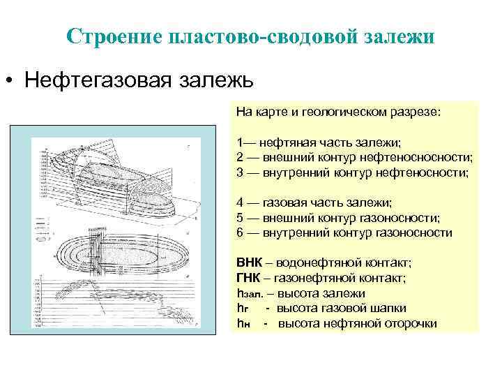  Строение пластово-сводовой залежи • Нефтегазовая залежь На карте и геологическом разрезе: 1— нефтяная