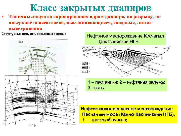  Класс закрытых диапиров • Типичны ловушки экранирования ядром диапира, по разрыву, по поверхности