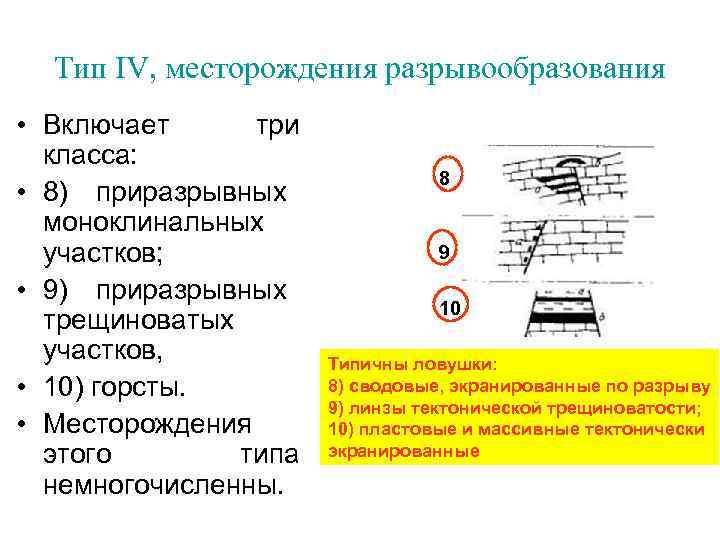  Тип IV, месторождения разрывообразования • Включает три класса: 8 • 8) приразрывных моноклинальных