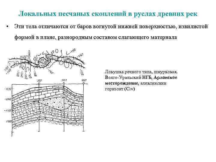  Локальных песчаных скоплений в руслах древних рек • Эти тела отличаются от баров