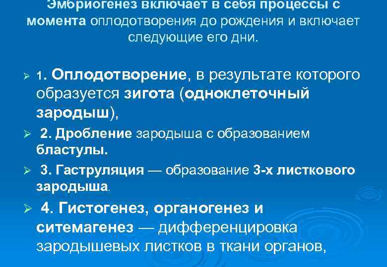  Эмбриогенез включает в себя процессы с момента оплодотворения до рождения и включает следующие