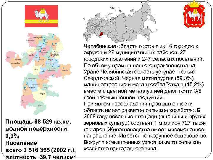  Челябинская область состоит из 16 городских округов и 27 муниципальных районов, 27 городских