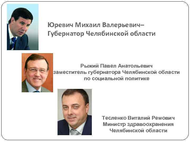 Юревич Михаил Валерьевич– Губернатор Челябинской области Рыжий Павел Анатольевич заместитель губернатора Челябинской области по