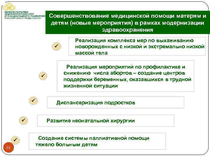  Совершенствование медицинской помощи матерям и детям (новые мероприятия) в рамках модернизации здравоохранения Реализация