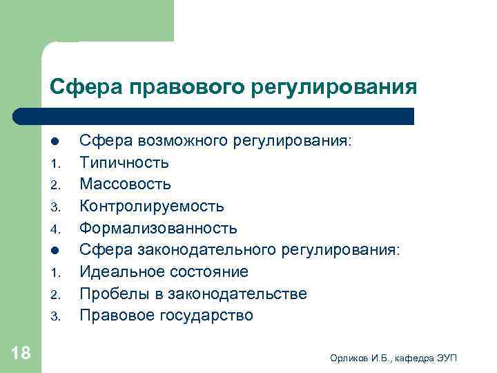  Сфера правового регулирования l Сфера возможного регулирования: 1. Типичность 2. Массовость 3. Контролируемость