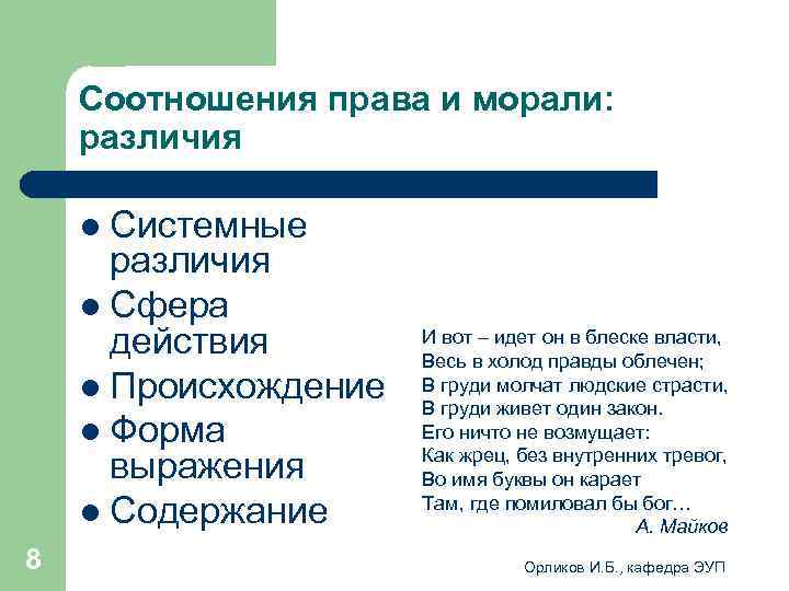  Соотношения права и морали: различия l Системные различия l Сфера действия И вот