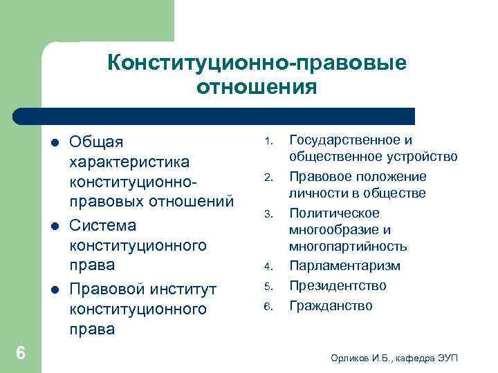  Конституционно-правовые отношения l Общая 1. Государственное и характеристика общественное устройство конституционно- 2. Правовое