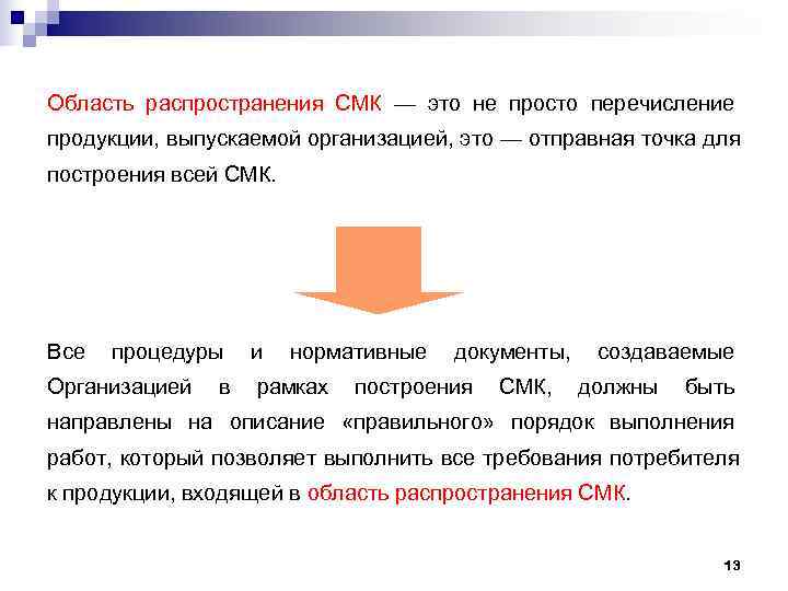 Область распространения СМК — это не просто перечисление продукции, выпускаемой организацией, это — отправная Область распространения СМК — это не просто перечисление продукции, выпускаемой организацией, это — отправная
