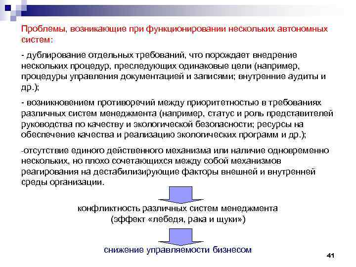 Проблемы, возникающие при функционировании нескольких автономных систем: - дублирование отдельных требований, что порождает внедрение Проблемы, возникающие при функционировании нескольких автономных систем: - дублирование отдельных требований, что порождает внедрение
