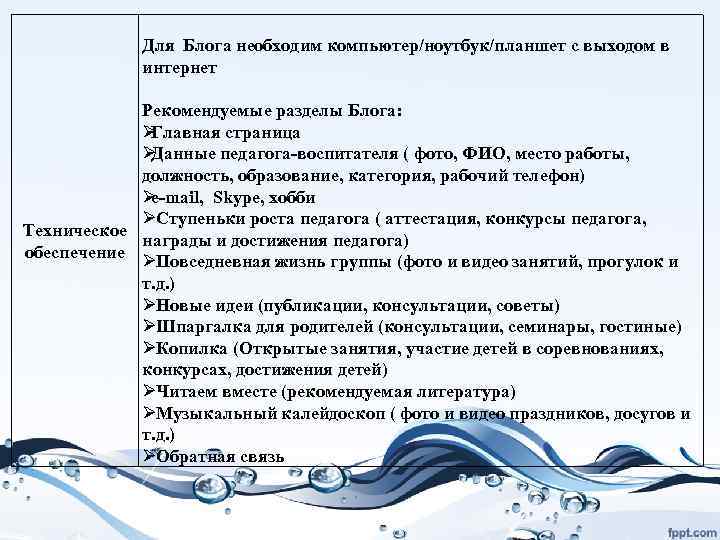    Для Блога необходим компьютер/ноутбук/планшет с выходом в    интернет
