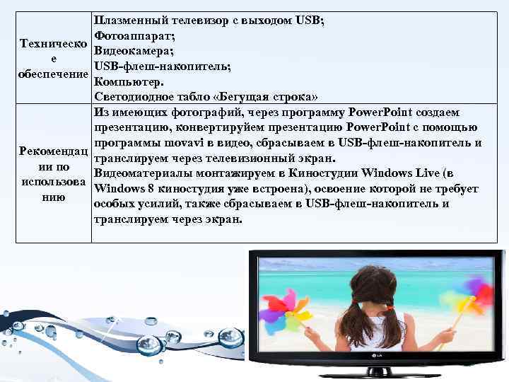    Плазменный телевизор с выходом USB;    Фотоаппарат; Техническо 