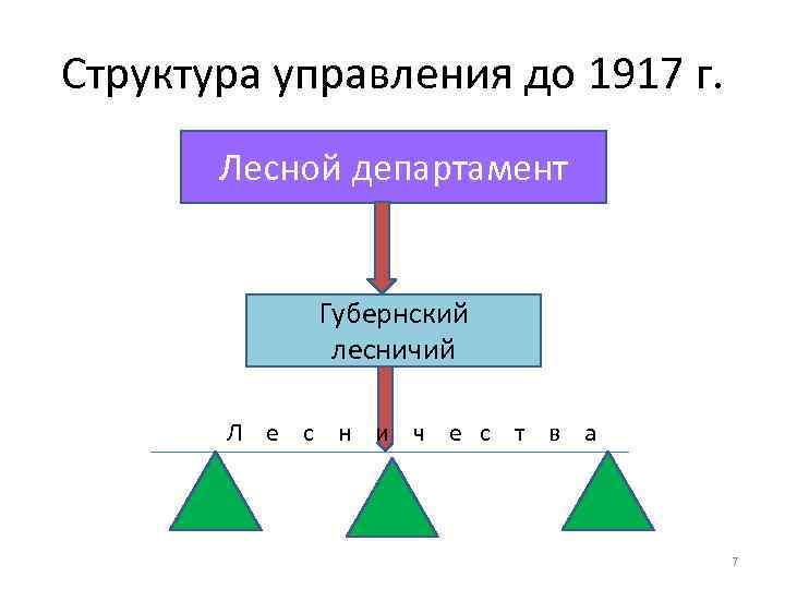 Структура управления до 1917 г. Лесной департамент Губернский лесничий Л е с н и