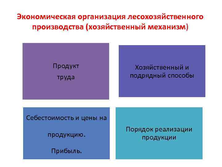 Экономическая организация лесохозяйственного  производства (хозяйственный механизм)   Продукт    Хозяйственный