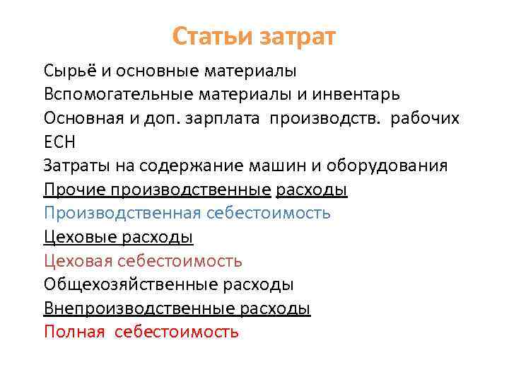    Статьи затрат Сырьё и основные материалы Вспомогательные материалы и инвентарь Основная