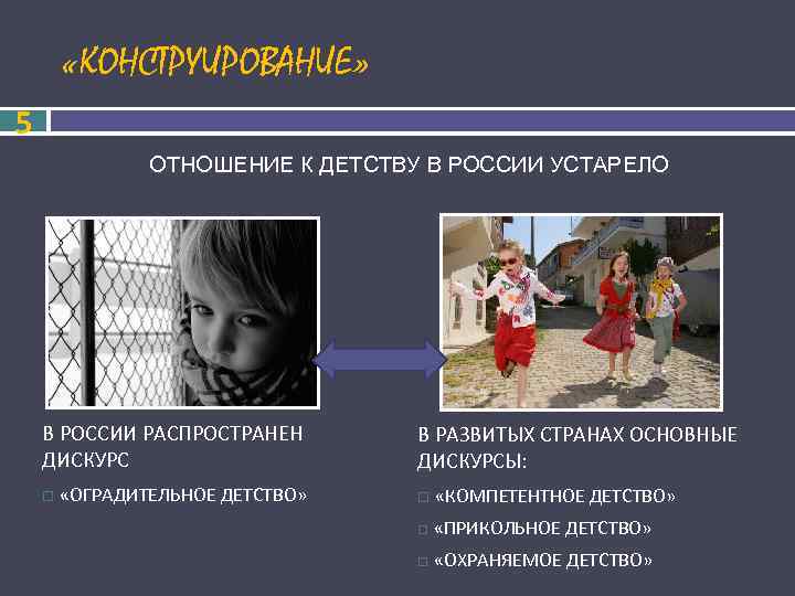  «КОНСТРУИРОВАНИЕ» 5 ОТНОШЕНИЕ К ДЕТСТВУ В РОССИИ УСТАРЕЛО В РОССИИ РАСПРОСТРАНЕН В РАЗВИТЫХ