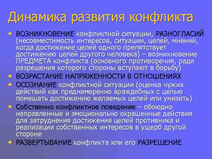 Динамика развития конфликта • ВОЗНИКНОВЕНИЕ конфликтной ситуации, РАЗНОГЛАСИЙ (несовместимость интересов, ситуации, целей, мнений, когда