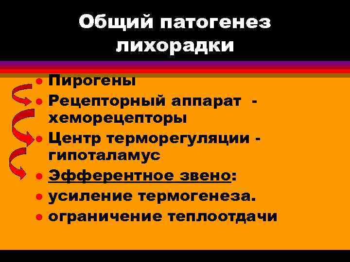  Общий патогенез лихорадки l Пирогены l Рецепторный аппарат - хеморецепторы l Центр терморегуляции