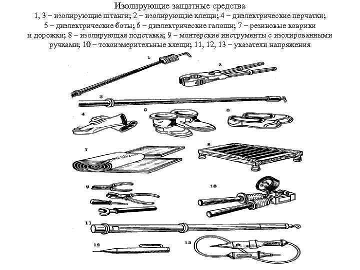  Изолирующие защитные средства 1, 3 – изолирующие штанги; 2 – изолирующие клещи; 4