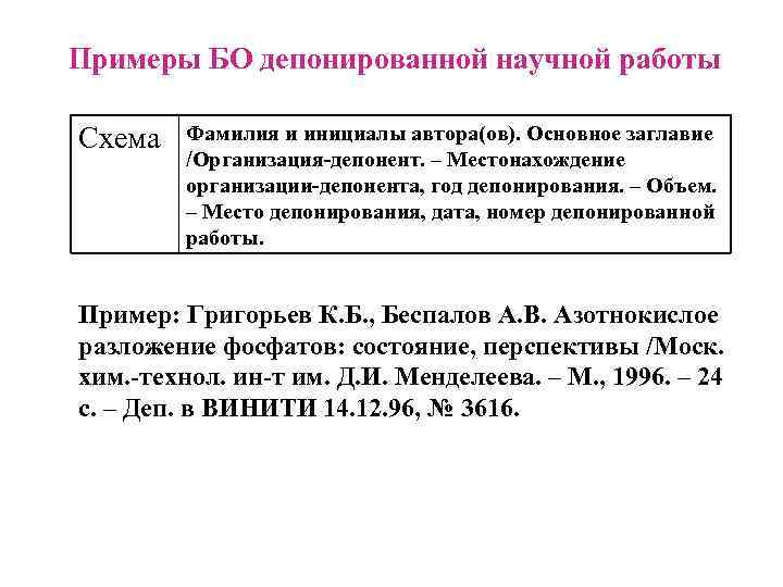 Примеры БО депонированной научной работы Схема Фамилия и инициалы автора(ов). Основное заглавие /Организация-депонент. –