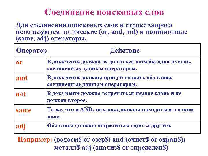  Соединение поисковых слов Для соединения поисковых слов в строке запроса используются логические (or,