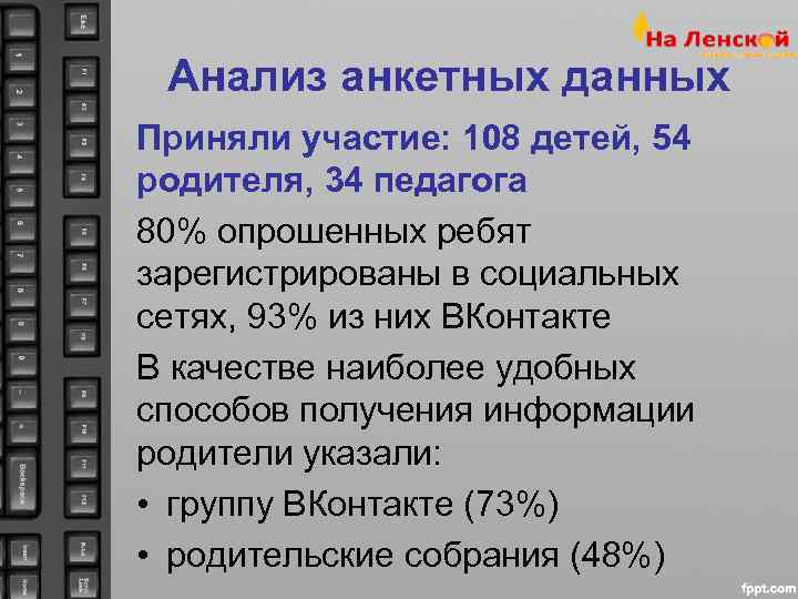  Анализ анкетных данных Приняли участие: 108 детей, 54 родителя, 34 педагога 80% опрошенных