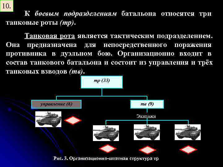 10. К боевым подразделениям батальона относятся три танковые роты (тр). Танковая рота является тактическим