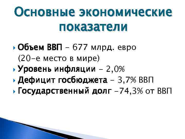Основные экономические  показатели  Объем ВВП - 677 млрд. евро  (20 -е