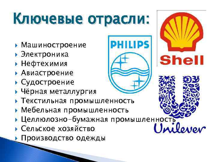 Ключевые отрасли: Машиностроение Электроника Нефтехимия Авиастроение Судостроение Чёрная металлургия Текстильная промышленность Мебельная промышленность Целлюлозно-бумажная