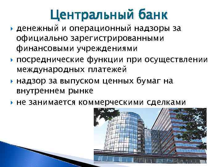   Центральный банк денежный и операционный надзоры за официально зарегистрированными финансовыми учреждениями посреднические