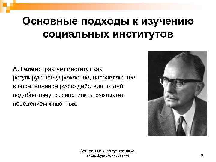  Основные подходы к изучению социальных институтов А. Гелен: трактует институт как регулирующее учреждение,