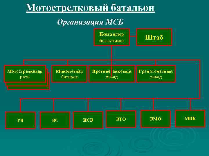  Мотострелковый батальон Организация МСБ Командир батальона Штаб Мотострелковая Минометная Противотанковый Гранатометный рота батарея