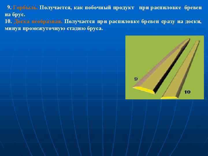  9. Горбыль. Получается, как побочный продукт при распиловке бревен на брус. 10. Доска