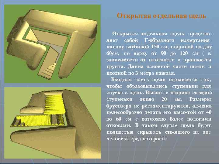  Открытая отдельная щель представ- ляет собой Г-образного начертания канаву глубиной 150 см, шириной