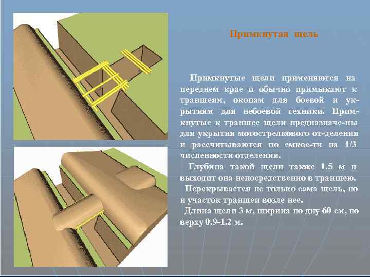  Примкнутая щель Примкнутые щели применяются на переднем крае и обычно примыкают к траншеям,