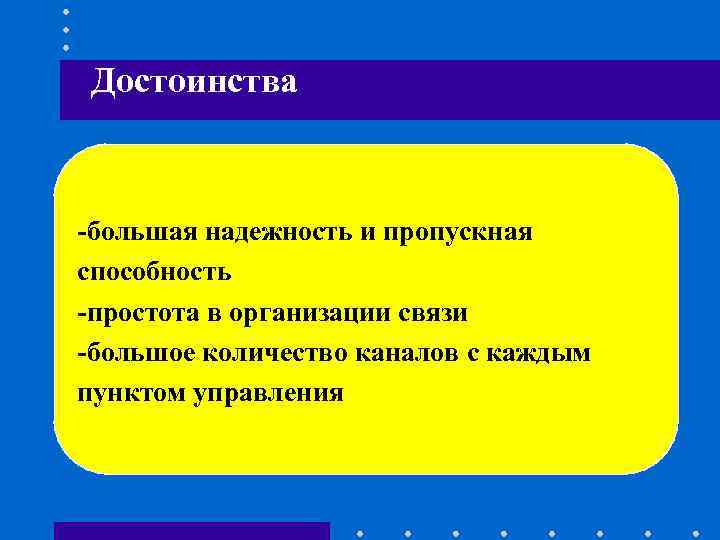 Достоинства -большая надежность и пропускная способность -простота в организации связи -большое количество Достоинства -большая надежность и пропускная способность -простота в организации связи -большое количество