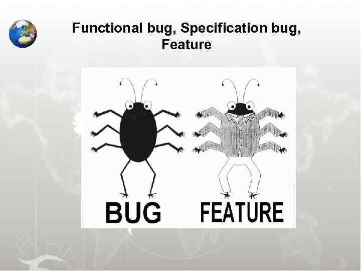 Functional bug, Specification bug, Feature 