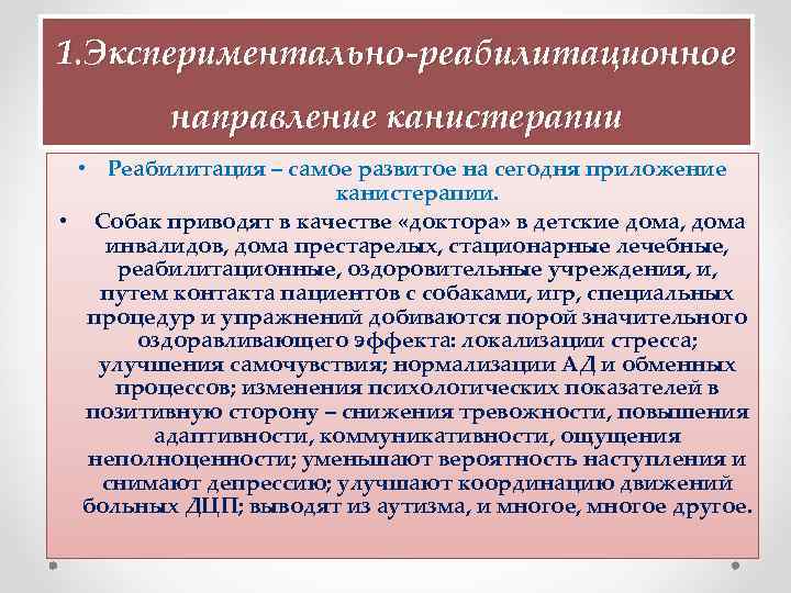 1. Экспериментально-реабилитационное направление канистерапии • Реабилитация – самое развитое на сегодня приложение канистерапии. •