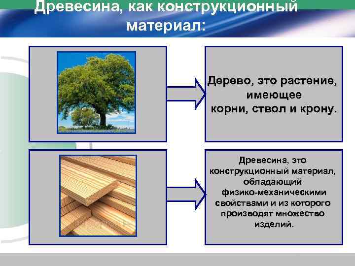 Древесина, как конструкционный материал: Дерево, это растение, имеющее корни, ствол и крону. Древесина, это