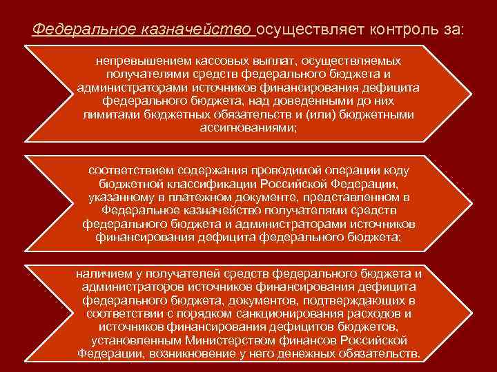 Федеральное казначейство осуществляет контроль за: непревышением кассовых выплат, осуществляемых получателями средств федерального бюджета и