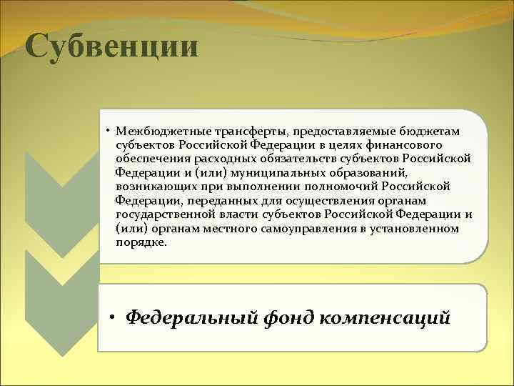 Субвенции • Межбюджетные трансферты, предоставляемые бюджетам субъектов Российской Федерации в целях финансового обеспечения расходных