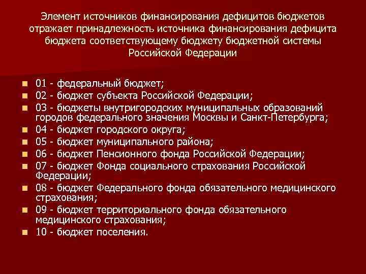  Элемент источников финансирования дефицитов бюджетов отражает принадлежность источника финансирования дефицита бюджета соответствующему бюджетной