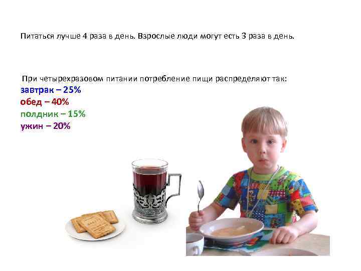 Питаться лучше 4 раза в день. Взрослые люди могут есть 3 раза в день.