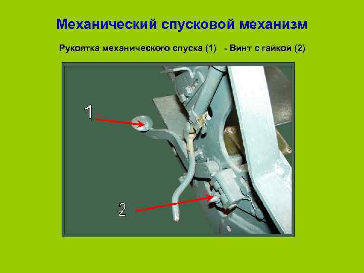 Механический спусковой механизм Рукоятка механического спуска (1) Винт с гайкой (2) 
