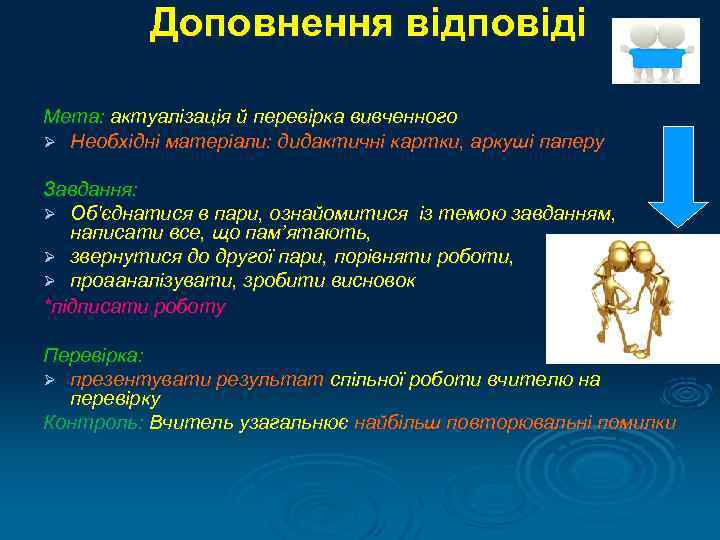    Доповнення відповіді Мета: актуалізація й перевірка вивченного Ø Необхідні матеріали: дидактичні