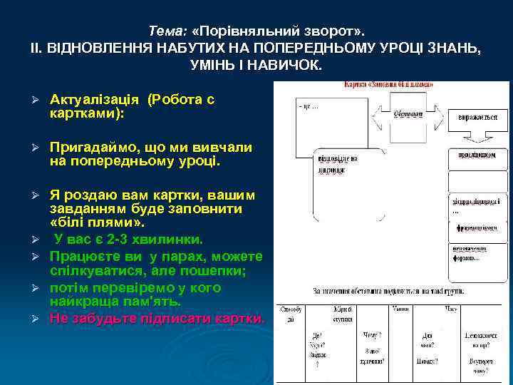    Тема:  «Порівняльний зворот» . ІІ. ВІДНОВЛЕННЯ НАБУТИХ НА ПОПЕРЕДНЬОМУ УРОЦІ